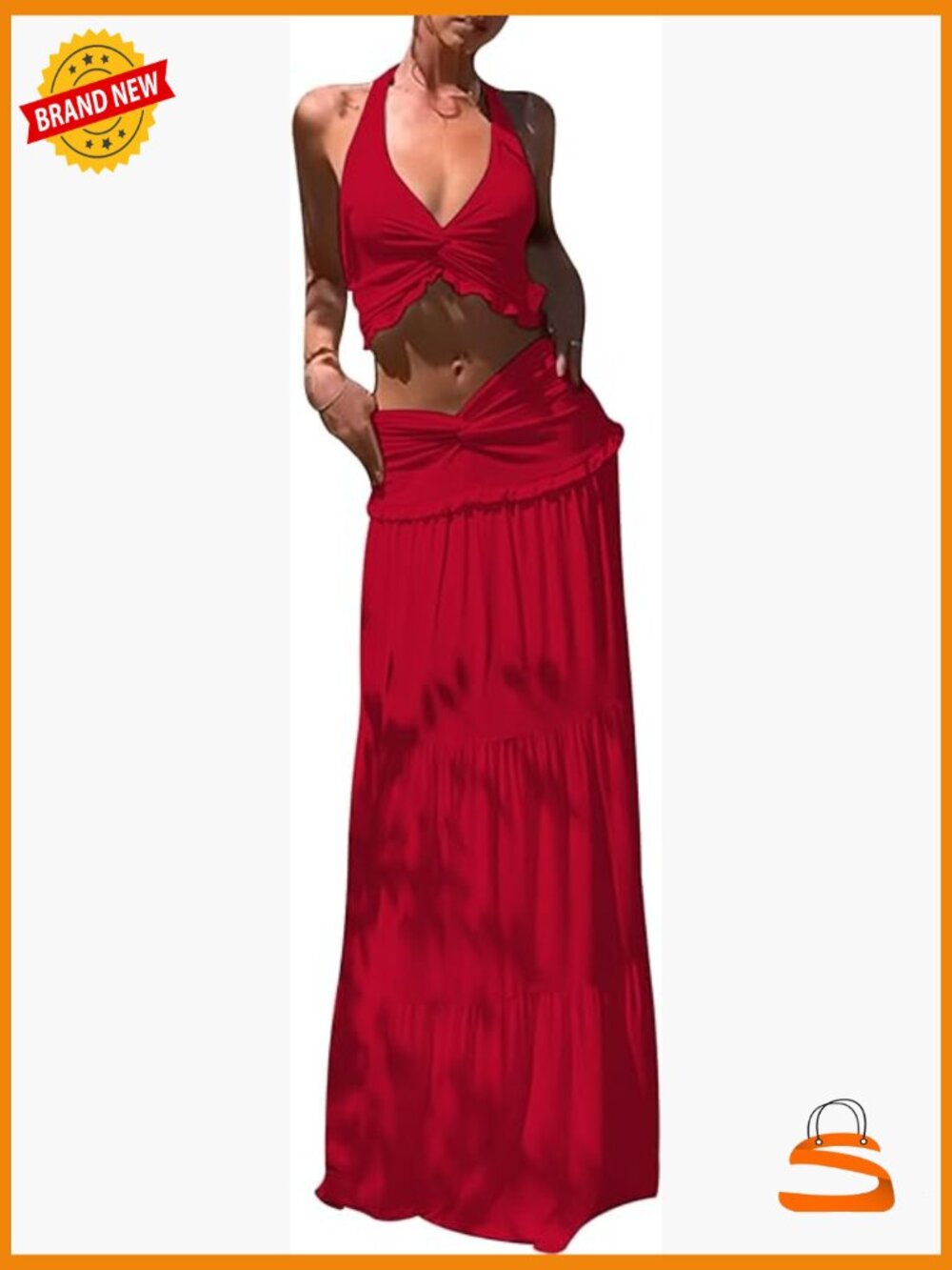 2 Piece Skirt Set - Halter V Neck Top & Flowy Ruffle Maxi Skirt